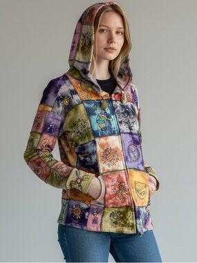 Kathmandu Imports Patchwork Artsy Tie Dye Full Zip Hoodie Boho Hippie